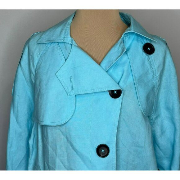 Chicos Womens Size 3 Cropped Linen Trench Jacket Light Blue Adjustable Sleeves - Picture 3 of 13